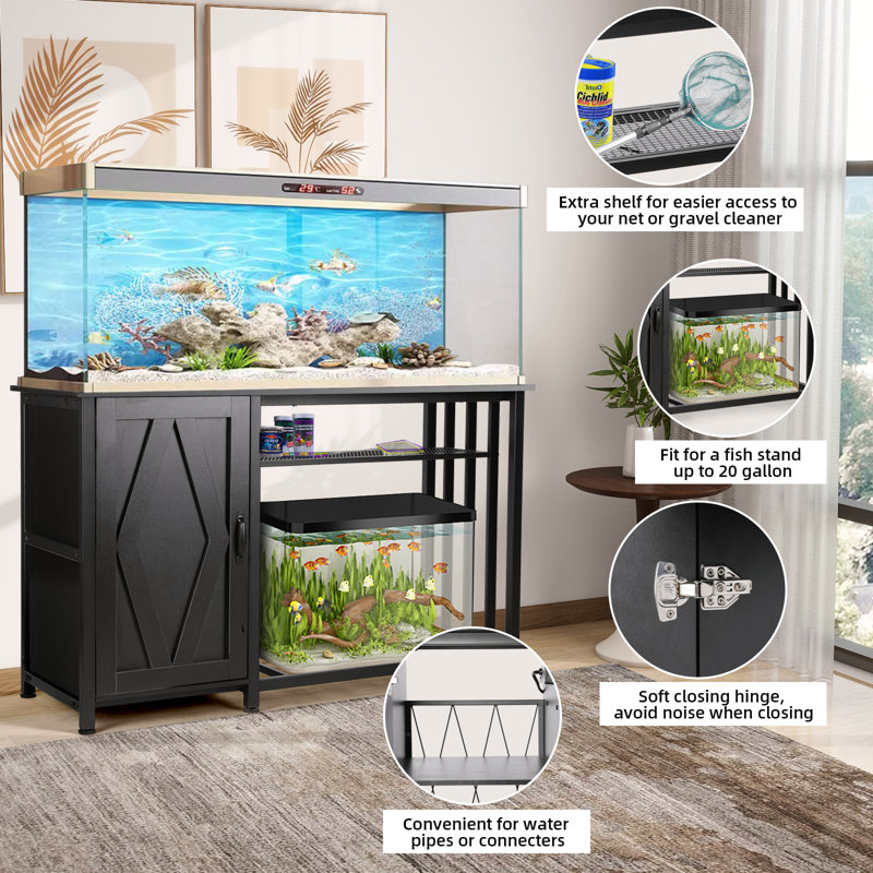 Tucker Murphy Pet 55 75 Gallon Heavy Duty Metal Aquarium Stand With Power Outlets Rectangle Fish Tank Stand with Cabinet for Fish Tank Accessories Storage Suitable for Fish Tank Turtle Tank Reptile Ta...